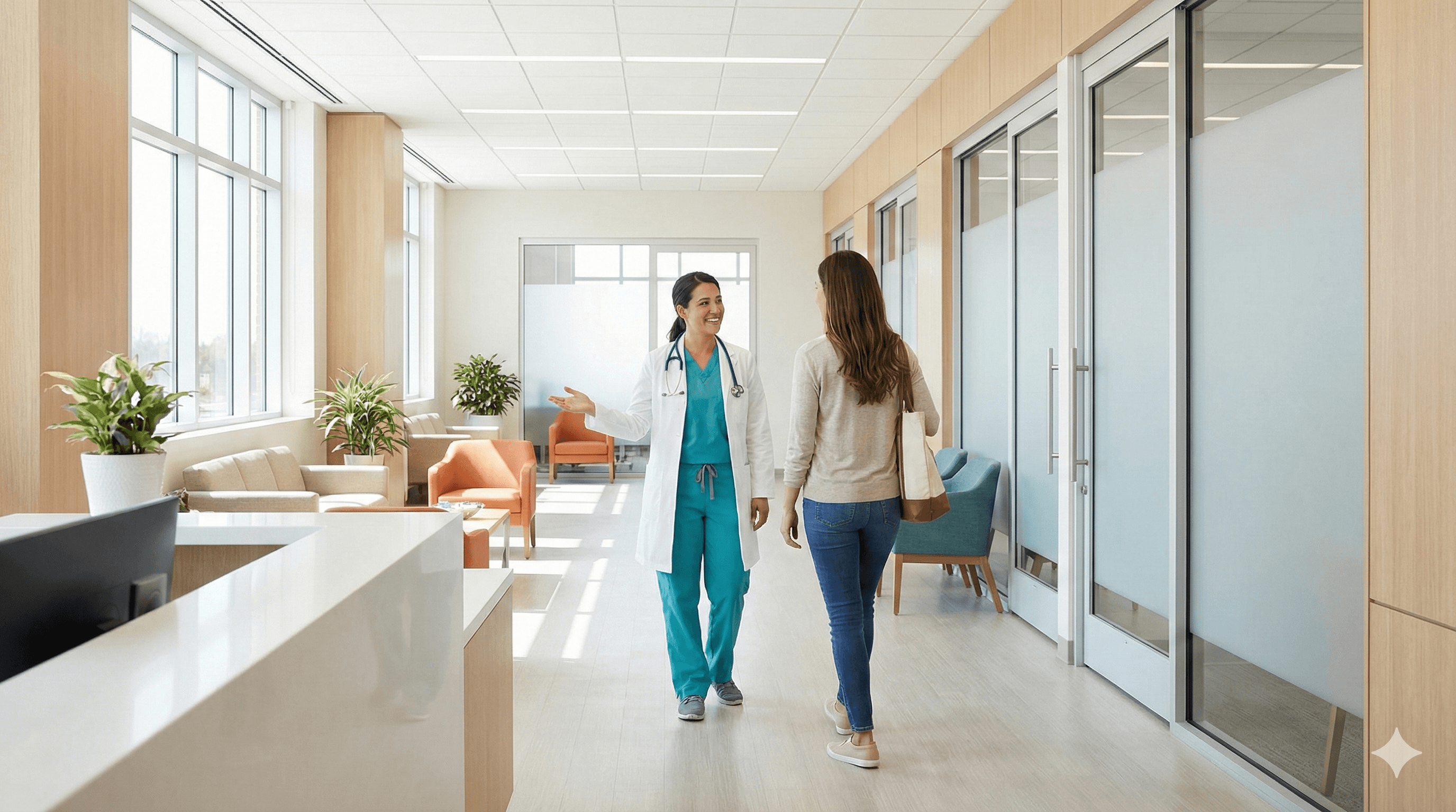 Doctor showing a patient around a bright clinic hallway.