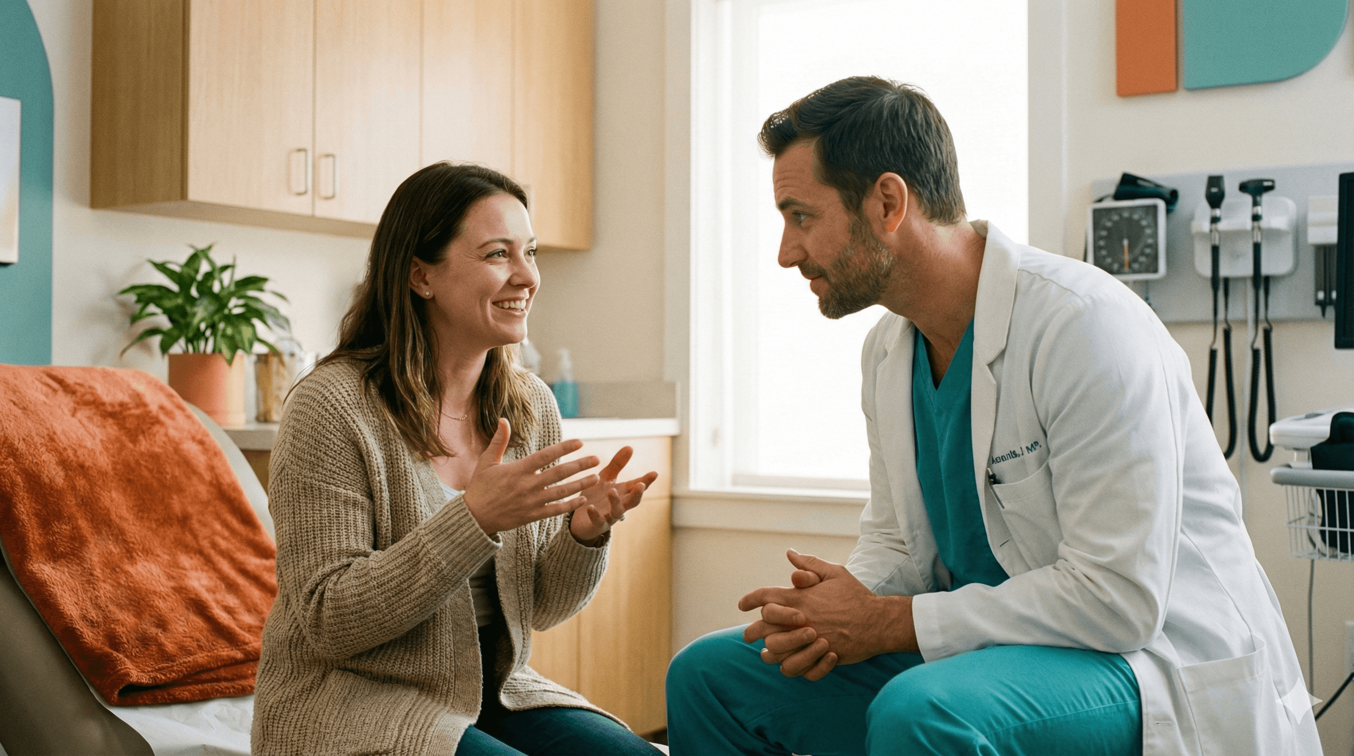 Patient and doctor smiling during a friendly in-office conversation.